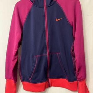 Nike Navy and Pink Zip-Up Hoodie with Orange Swoosh